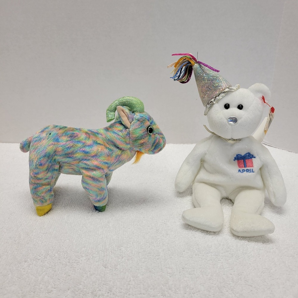 Ty Beanie Babies Tie Dye Goat & April Birthday Bear